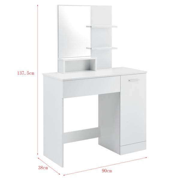 Fésülködő asztal tükörrel ajtós szekrénykével fiókkal és polcokkal sminkasztal 138 x 90 x 38 cm forgácslap sötétszürke/fehér [en.casa]® 