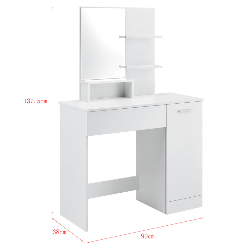 Méretrajz Fésülködő asztal tükörrel ajtós szekrénykével fiókkal és polcokkal sminkasztal 138 x 90 x 38 cm forgácslap sötétszürke/fehér [en.casa]® 