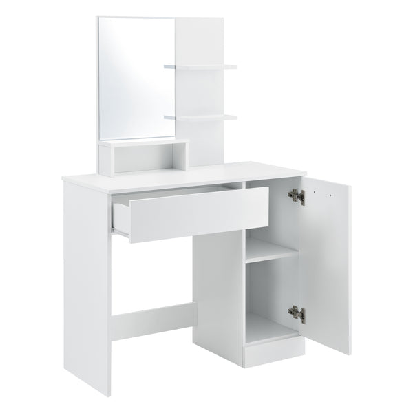 Fésülködő asztal tükörrel ajtós szekrénykével fiókkal és polcokkal sminkasztal 138 x 90 x 38 cm forgácslap sötétszürke/fehér [en.casa]® 