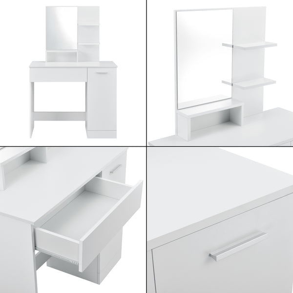 Fésülködő asztal tükörrel ajtós szekrénykével fiókkal és polcokkal sminkasztal 138 x 90 x 38 cm forgácslap sötétszürke/fehér [en.casa]® 