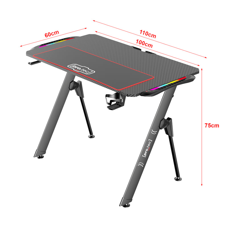 Méretrajz Gamer asztal Stockton fekete RGB LED-világítással több méretben [pro.tec] 