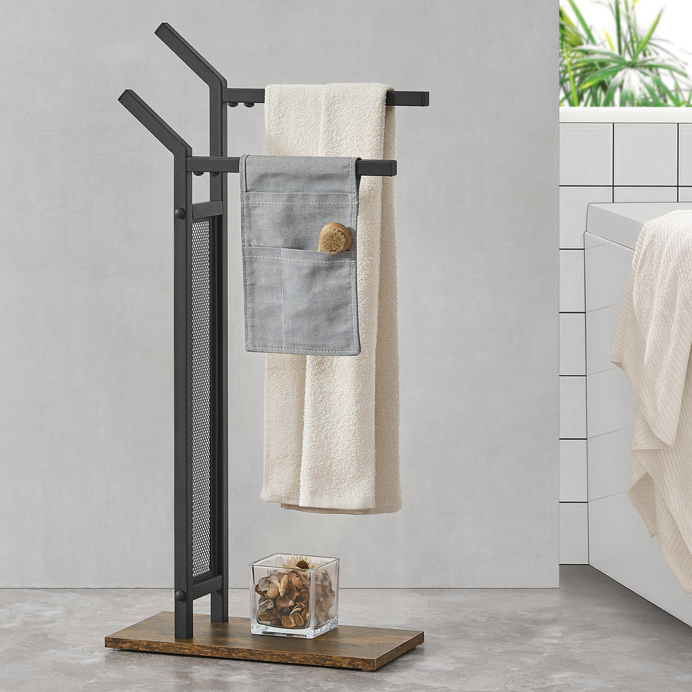 Törölközőtartó Telavi acél 88x40x20cm fekete / fa hatás [en.casa] - premiumXL