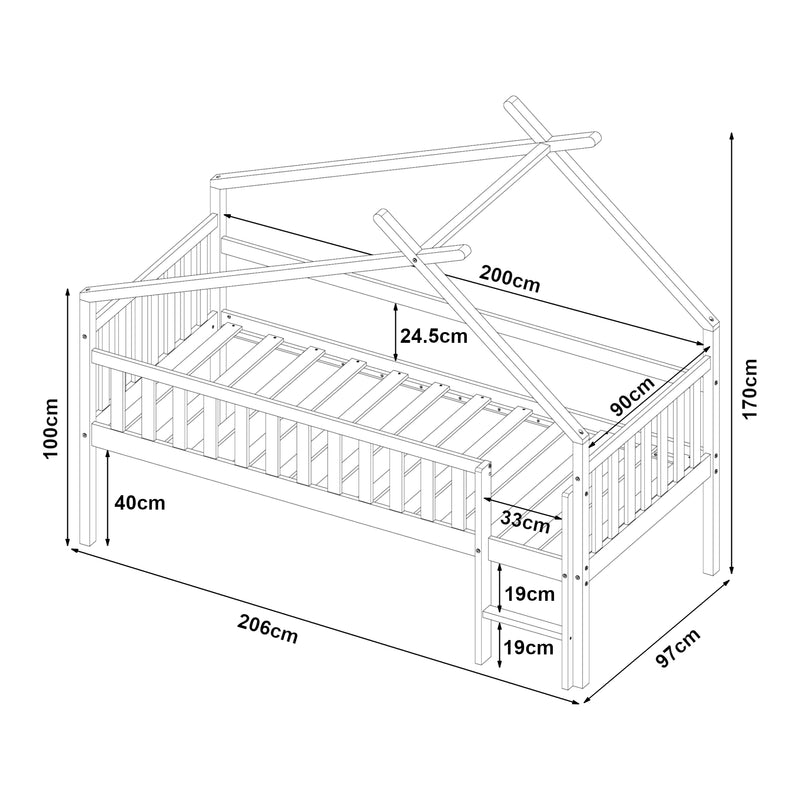 Méretrajz Magasított házikó gyerekágy matraccal Sotkamo 90x200cm [en.casa]