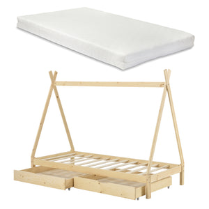 Tipi indián sátor gyerekágy Maine görgős tárolófiókokkal és matraccal 90x200 cm fenyőfa [en.casa]