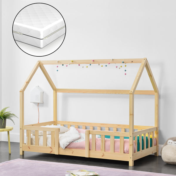 Házikó gyerekágy Sisimiut Montessori stílusban leesésgátlóval és matraccal [en.casa]