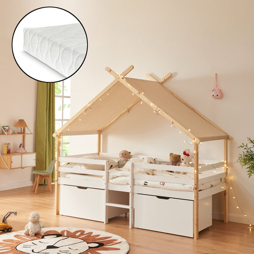 Surnadal házágy matraccal 90x200 cm fenyőfa fehér/natúr [en.casa] - premiumXL