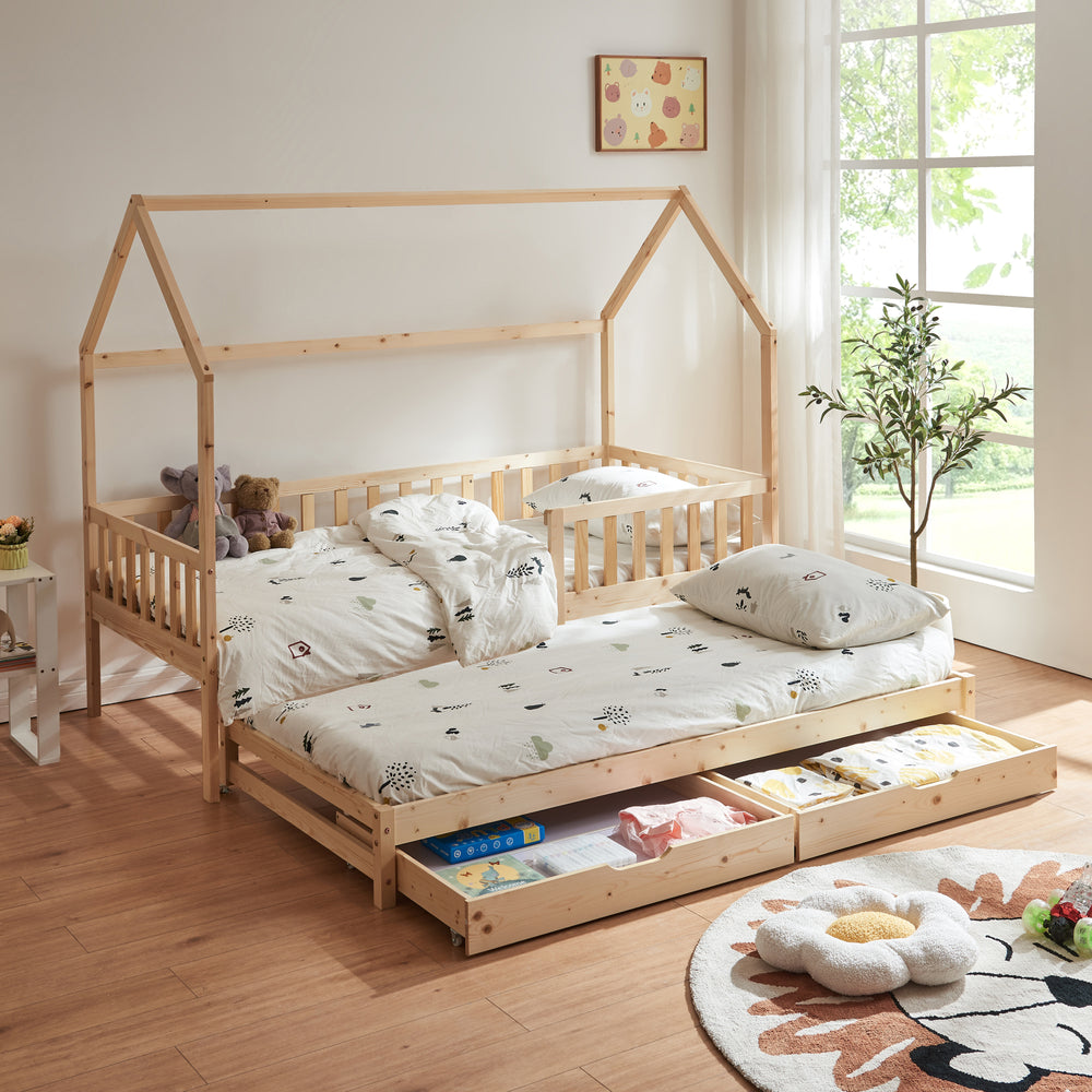 Házikó gyerekágy kihúzható pótággyal Aarghonmaa 90x200 cm fenyőfa [en.casa]