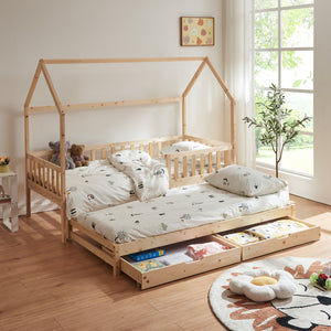 Házikó gyerekágy kihúzható pótággyal Aarghonmaa 90x200 cm fenyőfa [en.casa]
