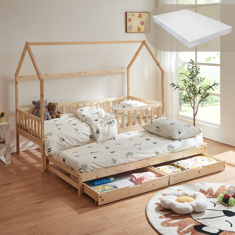 Házikó gyerekágy kihúzható pótággyal és 1 db matraccal Aarghonmaa 90x200 cm fenyőfa [en.casa]