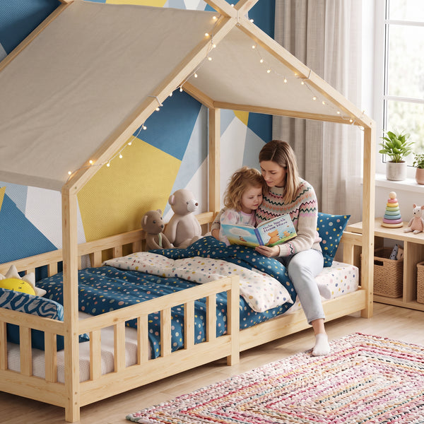 Házikó gyerekágy Rila Montessori stílusban leesésgátlóval 90x200 cm [en.casa]