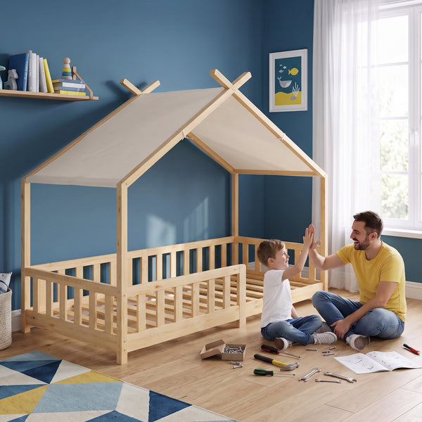 Házikó gyerekágy Rila Montessori stílusban leesésgátlóval 90x200 cm [en.casa]