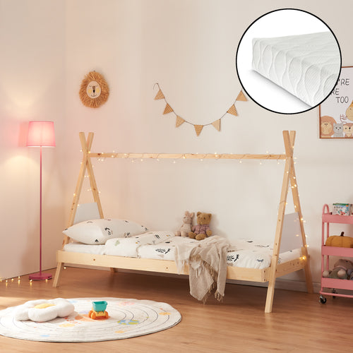 Tipi - ágy Siikajoki matraccal 90x200cm fenyőfa natúr [en.casa] - premiumXL