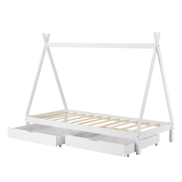 Gyerekágy indián sátor kialakításban kihúzható tárolófiókokkal  90 x 200 cm fenyőfa gyermek kiságy natúr fenyő/fehér [en.casa]®