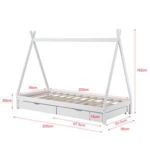 Gyerekágy indián sátor kialakításban kihúzható tárolófiókokkal  90 x 200 cm fenyőfa gyermek kiságy natúr fenyő/fehér [en.casa]®