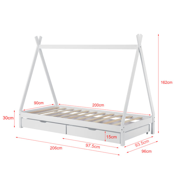 Gyerekágy indián sátor kialakításban kihúzható tárolófiókokkal  90 x 200 cm fenyőfa gyermek kiságy natúr fenyő/fehér [en.casa]®