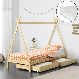 Tipi indián sátor gyerekágy Maine görgős tárolófiókokkal és matraccal 90x200 cm fenyőfa [en.casa]