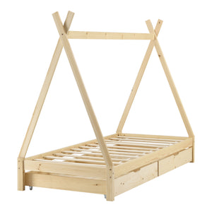 Tipi indián sátor gyerekágy Maine görgős tárolófiókokkal és matraccal 90x200 cm fenyőfa [en.casa]