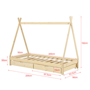 Tipi indián sátor gyerekágy Maine görgős tárolófiókokkal és matraccal 90x200 cm fenyőfa [en.casa]