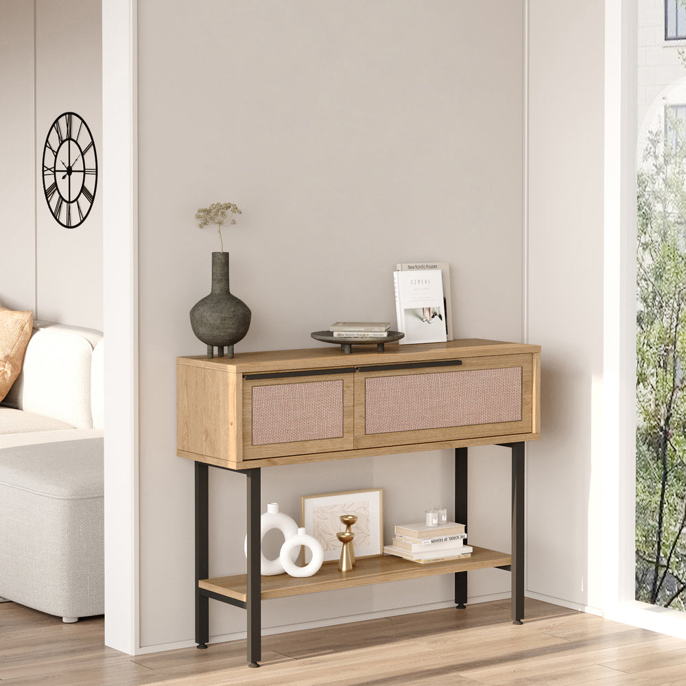 Konzolasztal Kvænangen 100x30x76 cm tölgy/rattan hatás [en.casa] - premiumXL