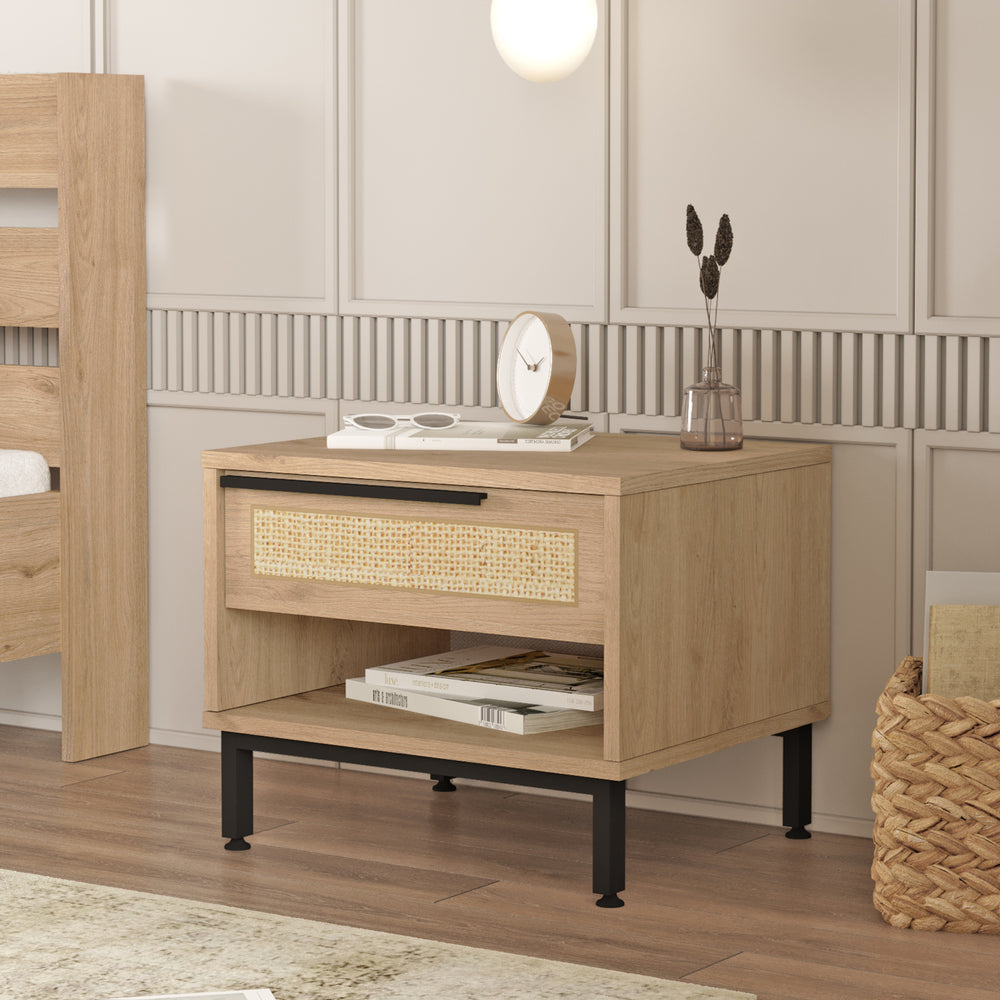 Éjjeliszekrény Kvænangen 43x54x45 cm tölgy/rattan hatás [en.casa] - premiumXL