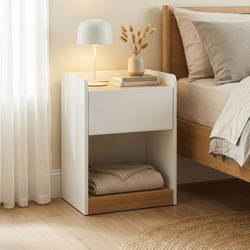 Éjjeliszekrény Kuorshare 55x42x37 cm fehér/tölgyfa hatású [en.casa]