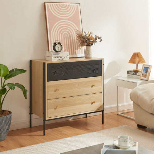 Tysnes komód 3 fiókkal 80x80x40 cm tölgy/fekete [en.casa] - premiumXL