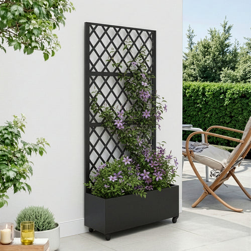 Gurulós válaszfal Malja virágosládával acél 190x82x38 cm fekete [casa.pro]