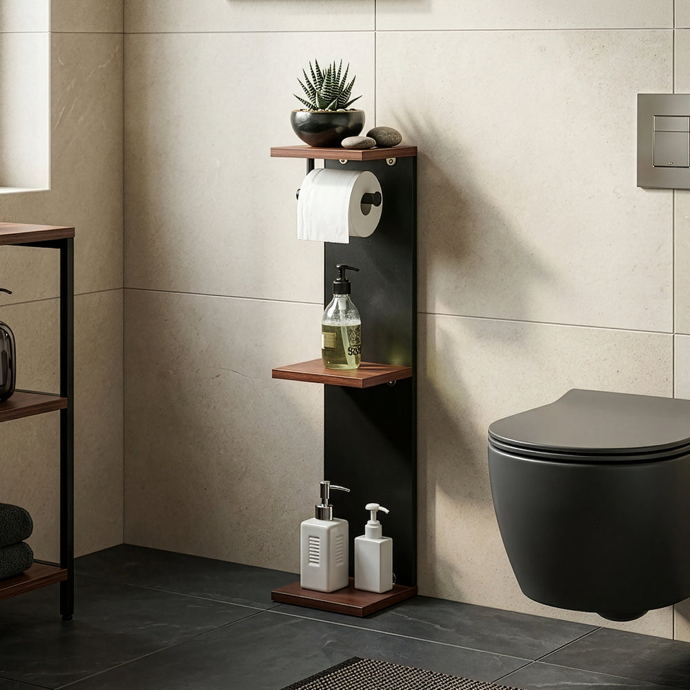 WC-papírtartó polccal Trond 76x18x18 cm fekete/diófa hatású [en.casa]