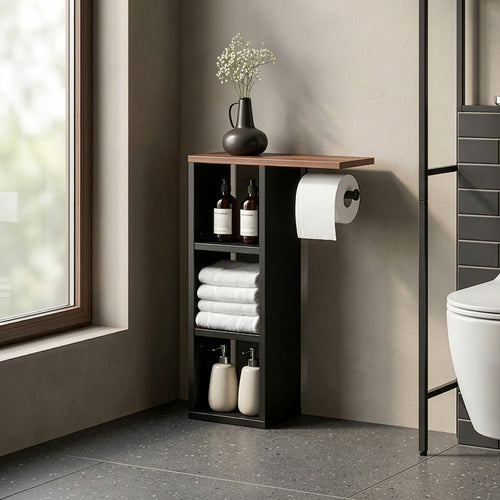 WC-papírtartó polccal Trond 60x40x16 cm fekete/diófa hatású [en.casa]