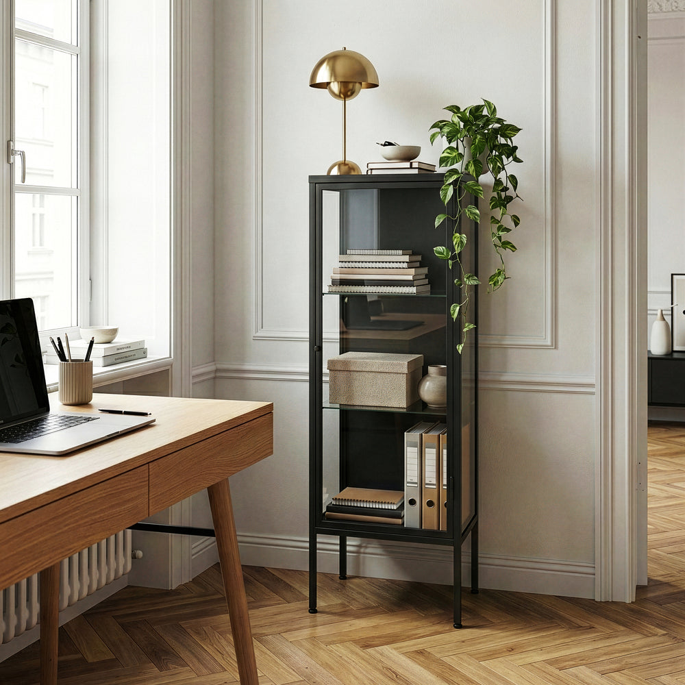 Vitrines szekrény Borshavisa 116x34x30 cm acél fekete [en.casa]