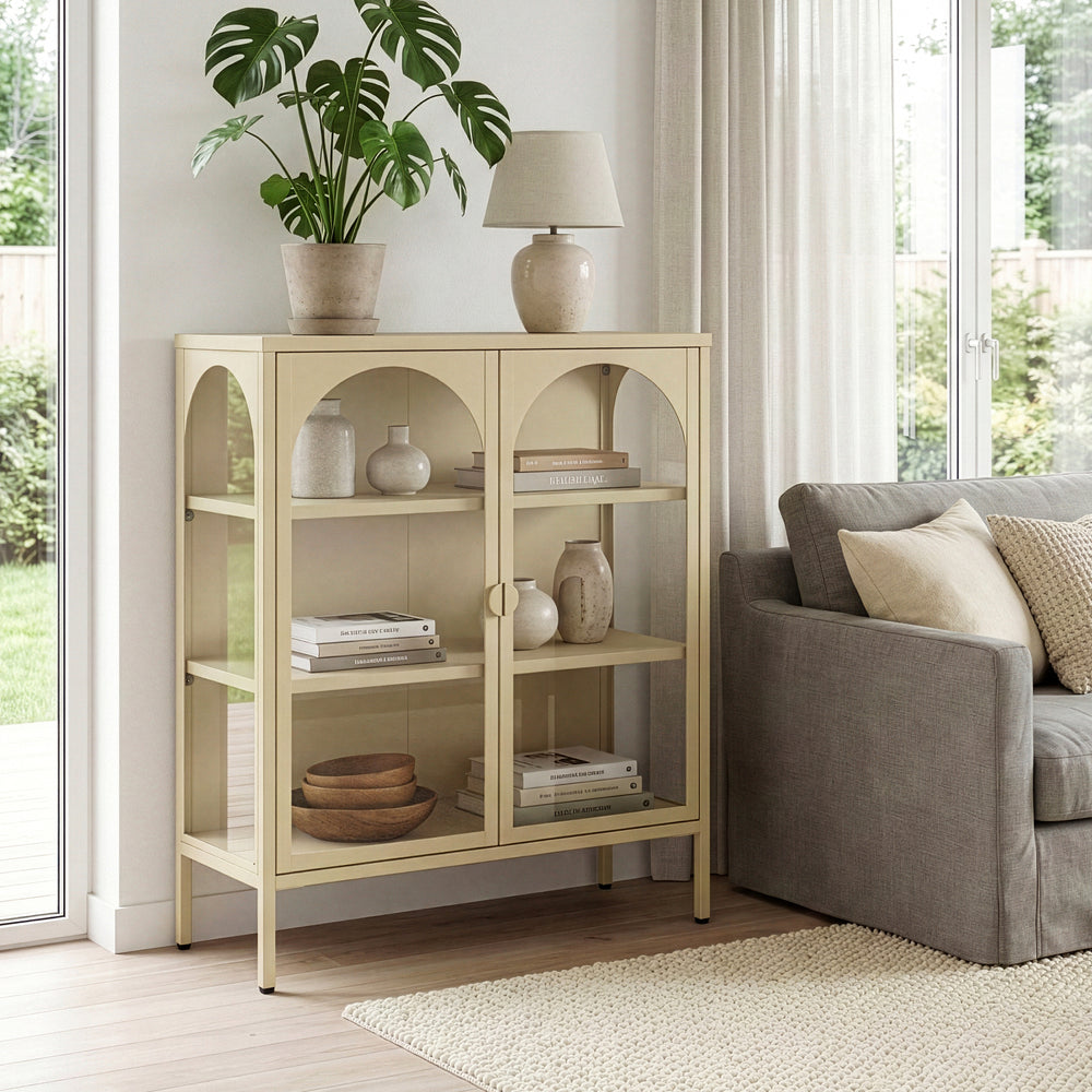 Vitrines szekrény Klippestad acél 95x80x35 cm teveszín [en.casa]