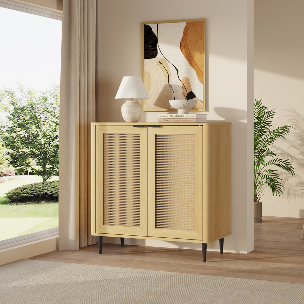 Tálalószekrény Lukhomso 83x80x40 cm tölgyfa hatású rattan mintázattal [en.casa]