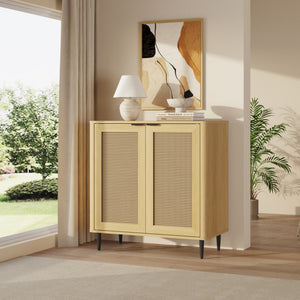 Tálalószekrény Lukhomso 83x80x40 cm tölgyfa hatású rattan mintázattal [en.casa]
