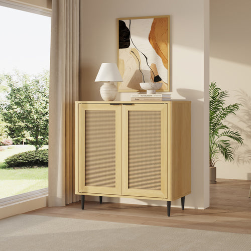 Tálalószekrény Lukhomso 83x80x40 cm tölgyfa hatású rattan mintázattal [en.casa]