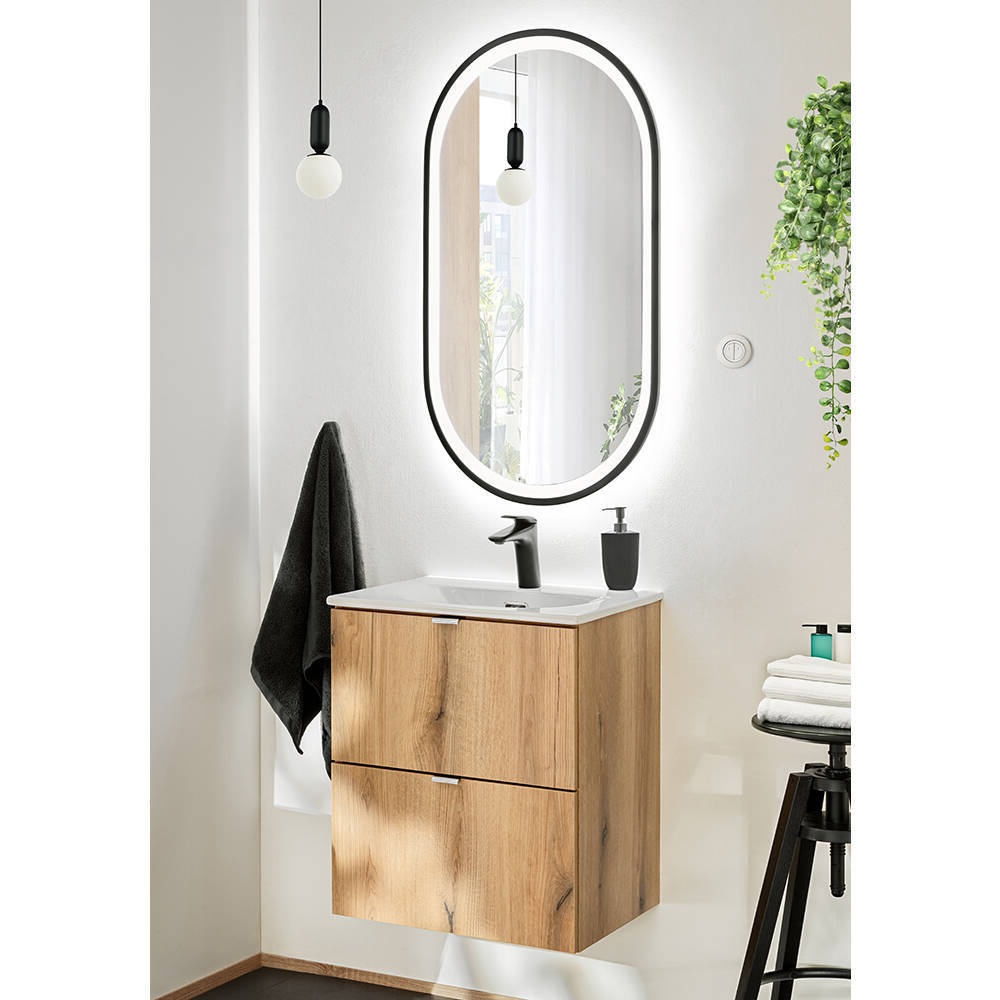 Mosdókagyló Skelbolu 50x57x39 cm LED - tükör tölgyfa hatású [en.casa] - premiumXL